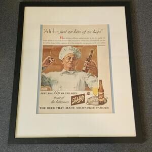 Framed Schlitz Beer Vintage Ad 1944 Chef Illustration Milwaukee Bar Mancave Art